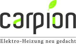 Logo von Carpion mit Slogan „Elektro-Heizung neu gedacht“, grüne Blätter als Akzent.
