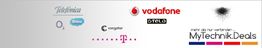 Logos von Telefónica, Vodafone, Congstar, Telekom und MyTechnikDeals auf grauem Hintergrund.