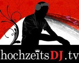 Silhouette eines DJs vor rotem Hintergrund, Text: "hochzeitsDJ.tv" darunter.