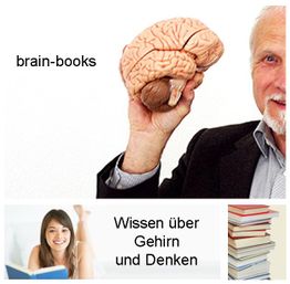 Mann hält Modell eines Gehirns; Bücherstapel neben lächelnder Frau. Text: "Wissen über Gehirn".