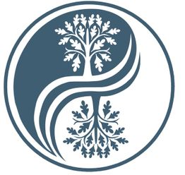 Kreisförmiges Logo mit zwei Bäumen, einer aufrecht, der andere umgedreht, mit fließenden Linien.