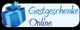 Blaues Geschenk mit Text "Gastgeschenke Online" auf hellem Hintergrund.