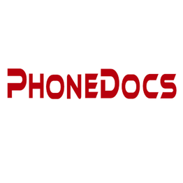 Roter „PhoneDocs“-Schriftzug auf weißem Hintergrund.