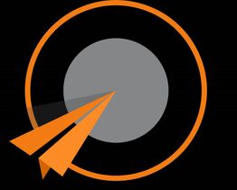 Orange paper airplanes and circles on a black background.