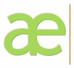 Grünes "ae" auf weißem Hintergrund mit orangefarbener Linie rechts.