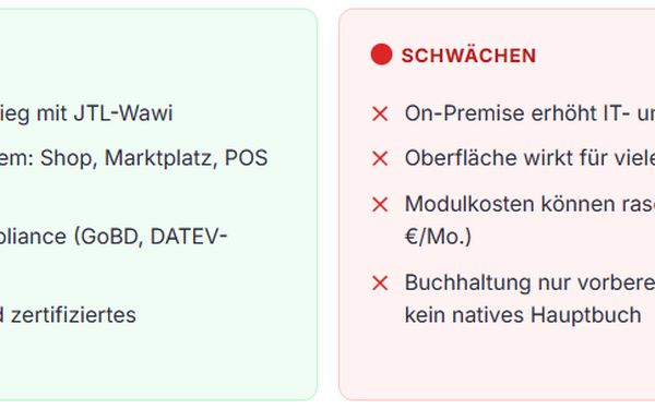 Eine Pro und Contra Liste zum ERP-Systeme Hersteller JTL.
