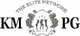 Logo mit "The Elite Network", "KM" und "PG", Jugendstil-Muster, drei Figuren, zwei Löwen.