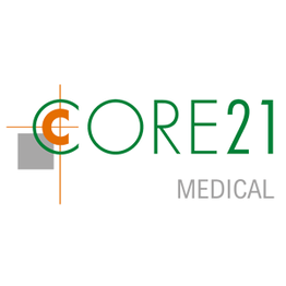 Logo mit Text "CORE21 MEDICAL" und grafischen Elementen in Grün, Orange und Grau.