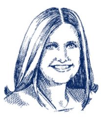 Porträt einer Frau, in blau skizziert, mit mittellangem Haar und lächelndem Gesicht.