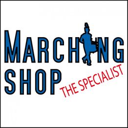Logo mit Schriftzug "Marching Shop" in Blau und "The Specialist" in Rot, daneben marschierende Figur.