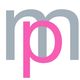 Lettera "p" rosa sovrapposta a "m" grigia.