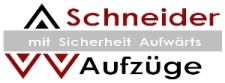 Logo: "Schneider Aufzüge" mit Text "mit Sicherheit Aufwärts" und stilisiertem Aufzugssymbol.