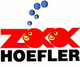 Logo mit roten Buchstaben, gelben Enten und blauen Blasen. Text: Zoo Hoefler.