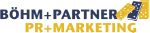 Logo von Böhm+Partner PR+Marketing in Blau und Gelb.