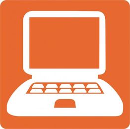 Weißes Laptop-Symbol auf orangem Hintergrund.