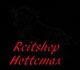 Schwarzes Bild mit roter Schrift "Reitshop Hottemax" und Umriss eines springenden Pferdes.