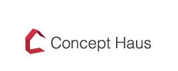 Logo mit rotem geometrischem Symbol und Text "Concept Haus" auf weißem Hintergrund.