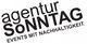 Schwarzer Text "agentur SoNNTAG: EVENTS MIT NACHHALTIGKEIT" auf weißem Hintergrund.