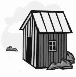 Schwarz-weiße Illustration eines kleinen Schuppens mit Satteldach und Fenster, umgeben von Steinen.