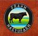 Logo mit schwarzem Rind auf Weide, umgeben von Text "Frahm Wagyu Farm" auf rotem Hintergrund.