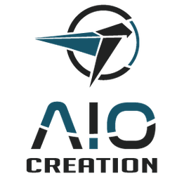 Logo avec un oiseau stylisé et le texte "AIO CREATION" en dessous.