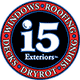 Logo of i5 Exteriors with services: windows, roofing, decks, dryrot, siding in a circular design.