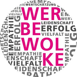 Wortwolke mit "WERBE WOLKE". Weitere Wörter: Erfolg, Vielfalt, Empathie, Leidenschaft.