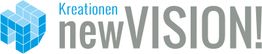 Logo: "Kreationen newVISION!" in Blau und Grau mit Würfel-Design in verschiedenen Blautönen.