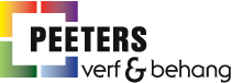 Logo van Peeters Verf & Behang met kleurvlakjes en zwarte tekst.