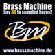 "Brass Machine-Logo in Lila und Gelb, Slogan gegen gesampelte Hörner, Website unten."