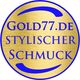 Logo mit der Aufschrift "Gold77.de Stylischer Schmuck" in Blau auf goldenem Hintergrund.