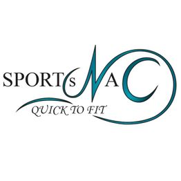 Logo mit Schriftzug: "SPORTsNAC", Slogan "Quick to fit", geschwungene Schrift in Türkis und Schwarz.