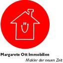 Rotes Logo mit einem lächelnden Haus und Text "Margarete Ott Immobilien - Makler der neuen Zeit".
