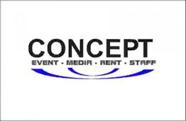 CONCEPT-Logo mit Text: Event, Media, Rent, Staff, blauem Halbkreis darunter.