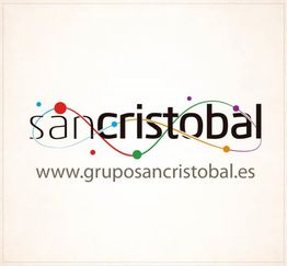 Logo de San Cristóbal con líneas coloridas y puntos; sitio web: www.gruposancristobal.es.