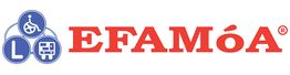 Logo de EFAMÓA con iconos de discapacidad, conductor y transporte en azul.