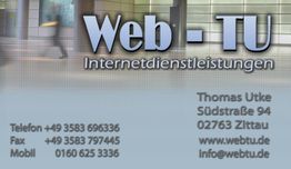 Geschäftskarte mit "Web-TU Internetdienstleistungen" und Kontaktdaten auf grauem Hintergrund.