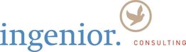 Logo mit dem Text "ingenior." in Blau, "CONSULTING" in Rot und einer Taube in einem Kreis.