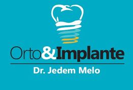 Logo com texto "Orto & Implante, Dr. Jedem Melo" e imagem de um dente em fundo azul.