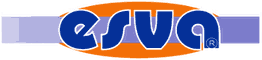 Logo con la palabra "ESVA" en azul, con fondo ovalado naranja y detalles azules.