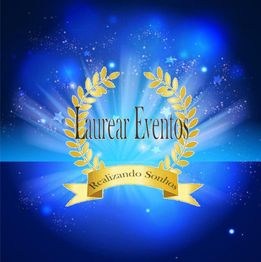 Logo da Laurear Eventos com coroa de louros dourada e faixa "Realizando Sonhos" em fundo azul.