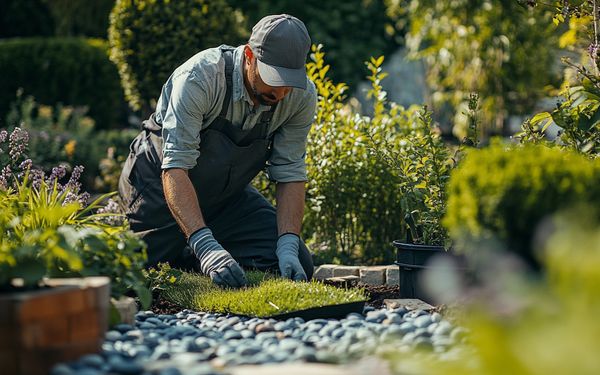 Landschaftsbauer verlegt Rollrasen entlang eines Kiesweges, an einem sonnigen Tag.