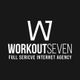 Logo mit "W7" und "WORKOUTSEVEN Full Service Internet Agency", schwarzer Hintergrund.