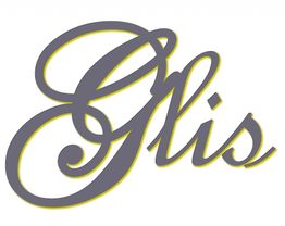 Scritta decorativa "Glis" in caratteri eleganti, grigio con contorno giallo.