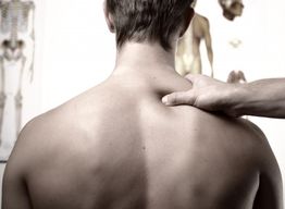 Personne recevant un massage du dos dans un cadre médical avec affiches anatomiques en arrière-plan.