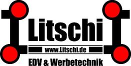 Logo von Litschi EDV & Werbetechnik, mit roten Kreisen und schwarzem Text.