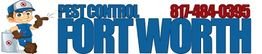 Cartoon pest control worker with spray, text: "Pest Control Fort Worth" and phone number.