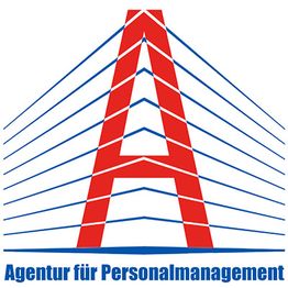 Blau-rotes "A" mit stilisiertem Gebäude, Text: "Agentur für Personalmanagement".