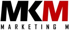 Logo con las letras "MKM" en negro y rojo, texto "MARKETING M" en negro debajo.