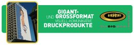 Gebäude mit riesigem Werbeplakat. Text: "Gigant- und Großformat Druckprodukte".